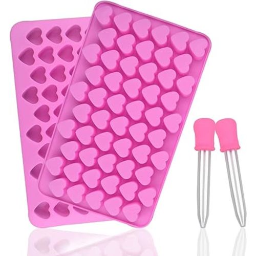 2 Pack Silicone Mini Hearts Molds with 2 Droppers Ice Cube Heart Mold Mini Hearts Shape Mould for Baking Silicone Molds for Chocolate Gummy Candy Soap Jelly Cake Heart Ice Tray (Pink)