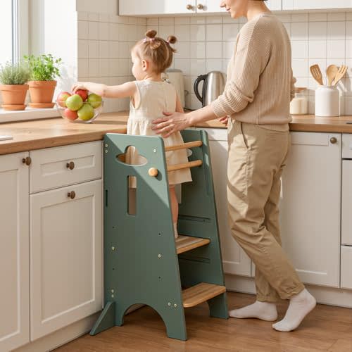 COSYLAND Adjustable Toddler Standing Tower (NO Backing Board) - Super Stable Toddler Step Stool with 4 Stabilizing Blocks - 3 Levels Height Adjustable Kids Kitchen Stool Helper (Natural & Green)