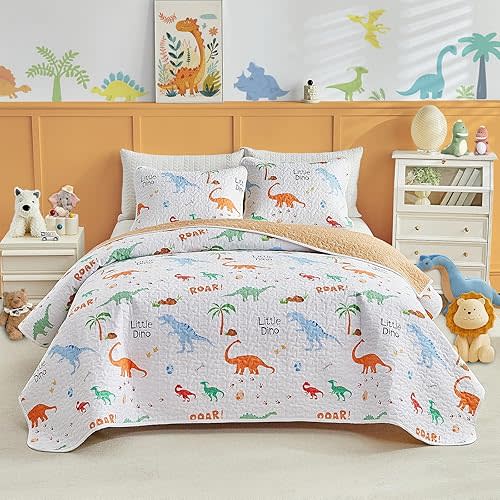 Joyreap 2 Pieces Twin Size Cotton Quilt Set, Colorful Dinosaurs Design, Cozy Lightweight Bedding Set Quilt Bedspread Bed Cover for for Kids Boys n Girls- 68x86 inches