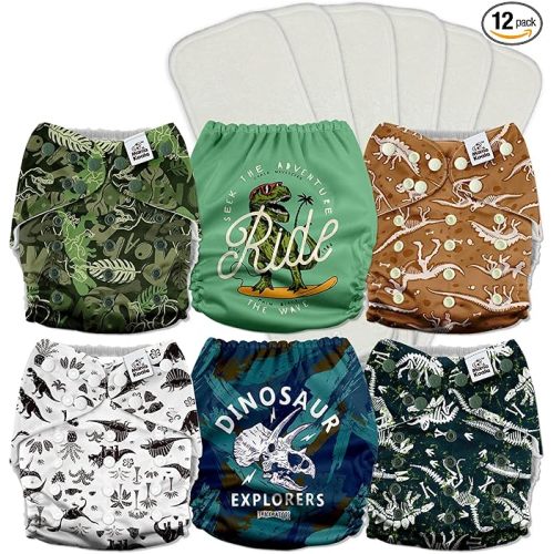 Mama Koala 3.0 Pocket Cloth Diapers for Babies with AWJ Lining, 6 Pack with 6 5-Layer Natural Cloth Diaper Inserts - Reusable and Washable Pocket Diapers(A-It's Dinosaurs)