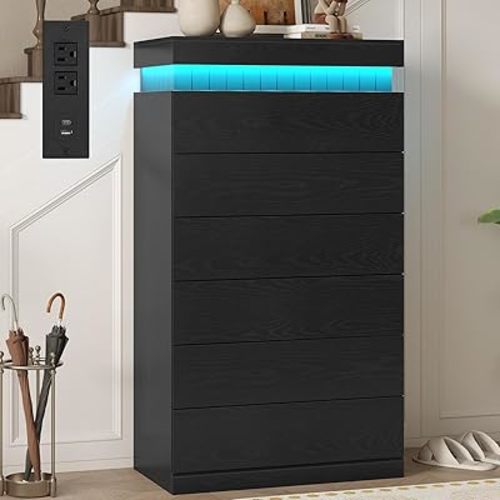 UPOSOJA Tall Black 7 Dresser for Bedroom, Sliding Top Storage Space, Modern Wood Drawers with LED Light and Power Outlet, Large Chest of Drawer for Living Room, Hallway, Entryway (7 Drawers,Black)