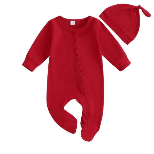 Odeerbi 0-6 Months Baby Boys Girls Cotton Romper with Hat Set Children's Solid Color Round Neck Long Sleeve Jumpsuit Baby Boys Girls Clothes