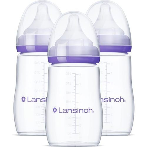 Lansinoh Anti-Colic Baby Bottles for Breastfeeding Babies, 8 Ounces, 3 Count, Includes 3 Medium Flow Nipples, Size M