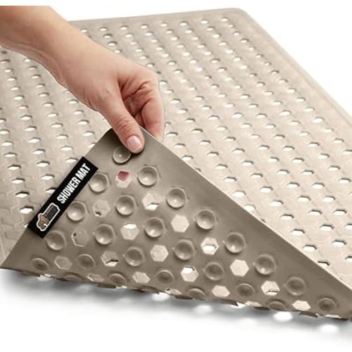 GORILLA GRIP Patented Bath Tub Shower Mat, Machine Washable Bathtub Floor Liner Mats, Suction Cups and Drain Holes to Keep Tubs Clean, Soft on Feet, Bathroom Essentials, 35x16 Inch, Beige