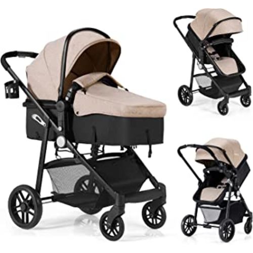 BABY JOY Baby Stroller, 2 in 1 Convertible Carriage Bassinet to Stroller, Pushchair with Foot Cover, Cup Holder, Large Storage Space, Wheels Suspension, 5-Point Harness (Light Coffee)