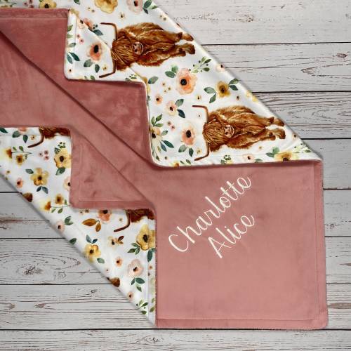 Highland Cow Baby Blanket with Name, Farm Baby Blanket for Girl, Highland Cow Baby Gift Personalized, Cow Lovey Blanket with Flowers