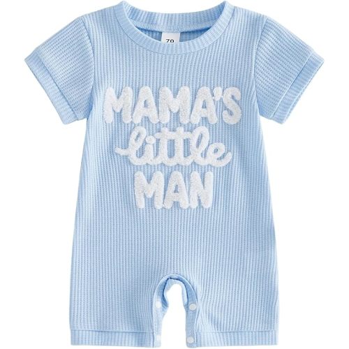 Newborn Infant Baby Boy Summer Jumpsuit Letter Embroidery Short Sleeve Crew Neck Romper Waffle Outfit