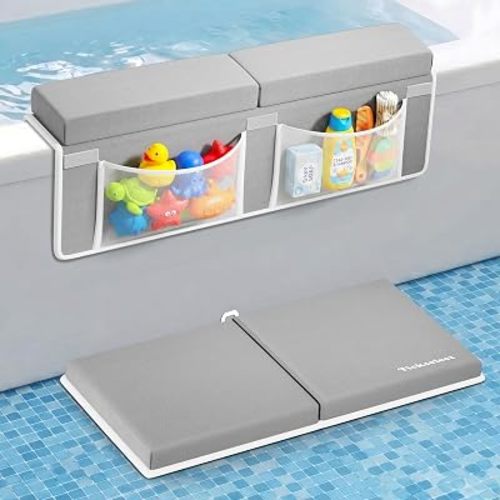 Bath Kneeler and Elbow Rest Pad Set-Baby Bath Kneeler with 1.5'' Comfortable Thick Memory Foam, Non-Slip Knee & Arm Support for Baby Bath Time,Foldable Bath Mat for Baby Storage Pockets