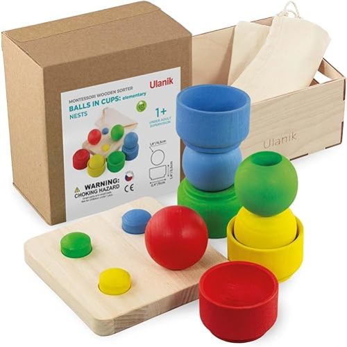 Ulanik Starter Kit Balls in Nests Toddler Montessori Toys for 1 Year Old + Baby Wooden Games for Learning Color Sorting and Counting — 4 Balls in Nesting Cups