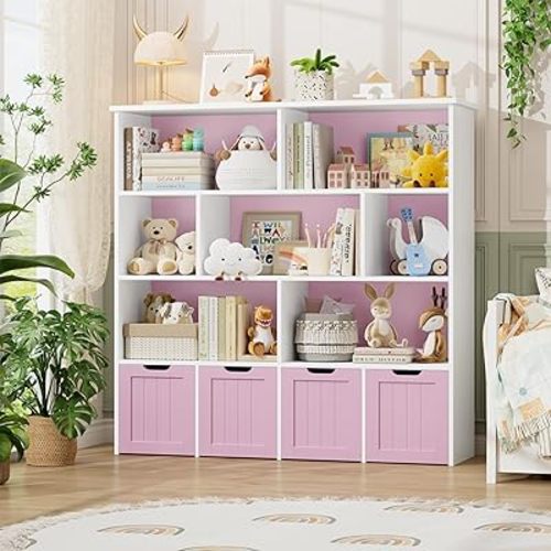 FINETONES Toy Storage Organizer, Kids Bookshelf with 4 Movable Chests and 7 Storage Cubes, Toy Chest Storage with Hidden Wheels, Toy Organizers and Toy Storage, Pink