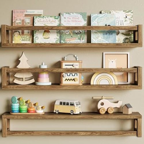 3 Pack 24 Inch Nursery Book Shelves, Solid Wood Floatingshelf, Walnut Brown
