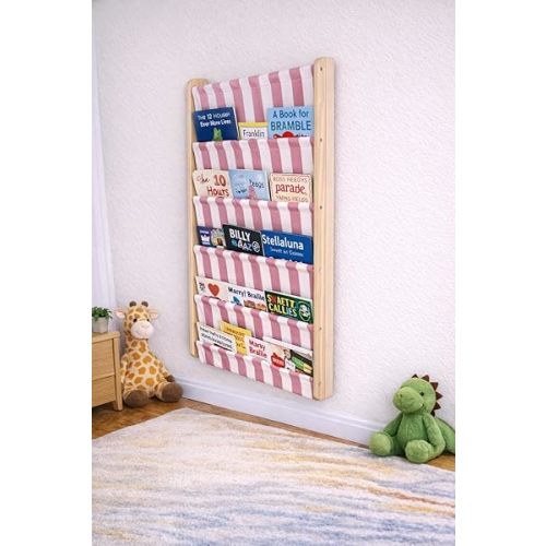 Montessori 5 Tier Canvas Pocket Wall Mounted Bookshelf, Re-Washable Soft Fabric Kids Book Rack with Deep Pockets, Wooden Nursery & Playroom Book Organizer, Space Saving Behind Door Shelf (Pink)