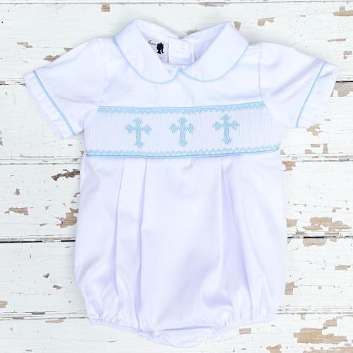 Baby Boys Smocked Cross Bubble White with Blue Crosses Hand Smocking Heirloom Outfit Newborn Infant Baptism Christening Church Dedication