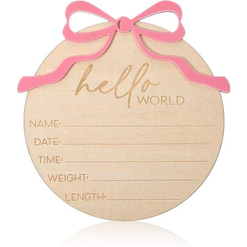 Baby Announcement Sign, Pink Bow Welcome Baby Sign, Wooden baby Name sign for Photo Props Hospital Nursery