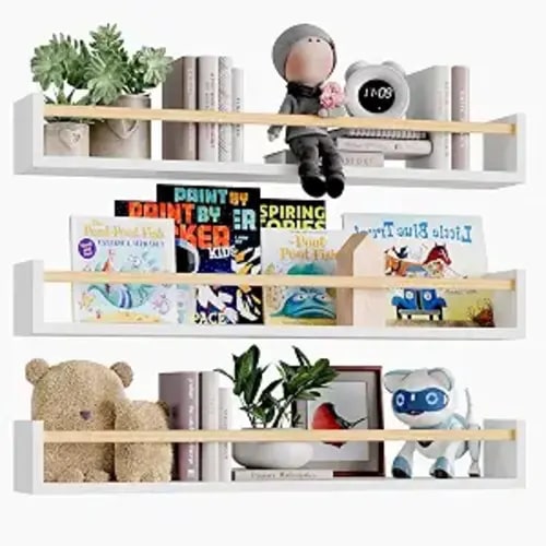 Fixwal Nursery Book Shelves, 23.6 Inch Floating Bookshelves for Wall Set of 3, Baby Nursery Decor, Solid Wood Wall Mounted Shelves for Books, Toys and Decor Storage (White and Natural Wood)
