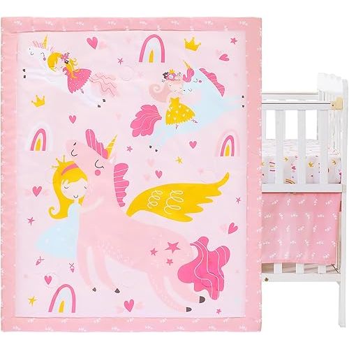 3 Piece Baby Crib Bedding Set, Infant Nursery Bed Set Decor with Quilt + Fitted Crib Sheet + Skirt, Baby Bedding Set Breathable and Soft for Baby Boy and Girl - White Unicorn
