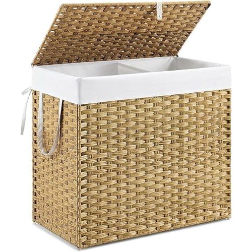 DUMOS Wicker Laundry Basket with Lid, 110L Woven Laundry Hamper with Handles, Foldable Rattan Clothes Hamper with Removable Liner & Sturdy Steel Frame, Goose Yellow