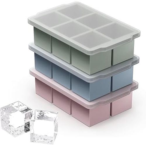 3 Packs Large Ice Cube Molds with Stackable Lid,Silicone Ice Cube Tray for Freezer,Big Square Ice Tray for Whiskey,Cocktails,Bourbon and Soups (Neutral)