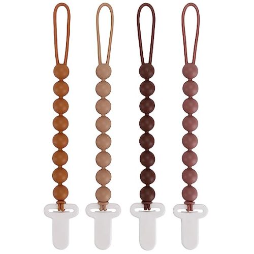 4-Pack Silicone Pacifier Clips with One-Piece Beads for Baby Boys and Girls - Flexible and Rust-Free Holders for Teething Relief and Baby Essentials, Safe for Newborns (Brown)