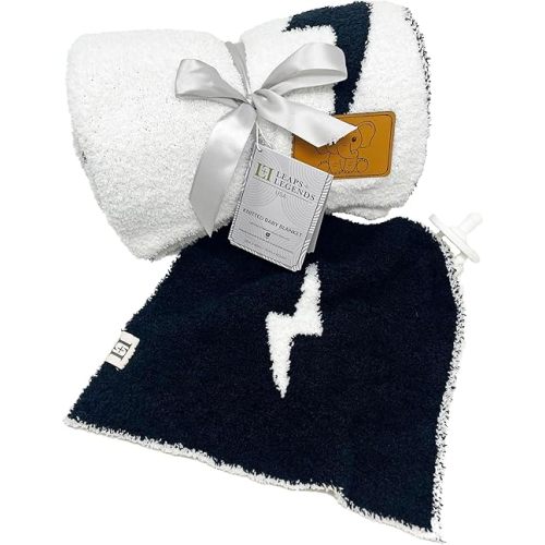 Lightning Bolt Baby Lovey Pacifier/Teether Holder 10"x10" - DreamSoft Plush Fluffy Cuddly Soothie Reversible Mini Comfort Blanket - Newborn Gift Essential for Babies Boys and Girls (Black/White Combo)