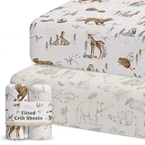 Sorrel + Fern Baby Crib Sheets Neutral, Fitted 2-Pack (Magic Forest)
