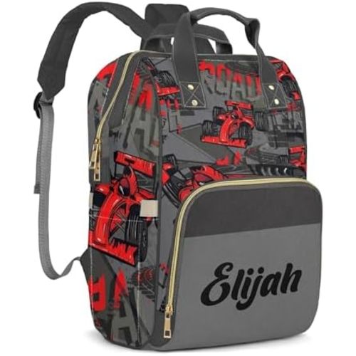 Custom Diaper Bag with Name, Personalized School Bag for Boys Red Car Pattern, Monogram Nappy Backpack with Thermal Pockets for Adults, Large Capacity Waterproof Diaper Bag, Travel Gifts