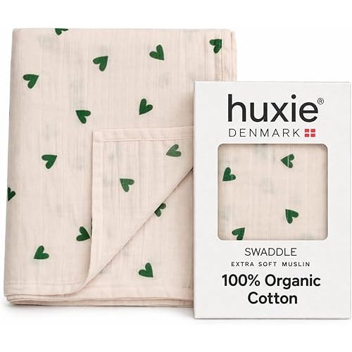 Huxie Baby Swaddle – Organic Cotton Muslin Baby Swaddles for Newborns 47” x 47” (Green Hearts)