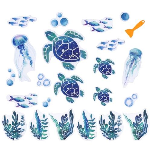 JarThenaAMCS 24 Pcs Turtle Non Slip Bathtub Sticker with Scraper Gradient Blue Anti Slip Shower Tread Adhesive Ocean Animal Shower Decal for Bathroom Floor Decoration