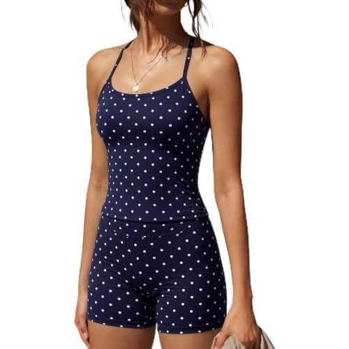 SUUKSESS Women 2 Piece Workout Sets High Waisted Tummy Control Biker Shorts Halter Padded Tank Tops