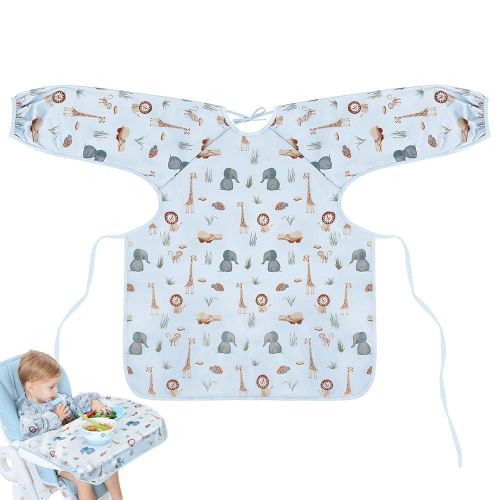 Vicloon Coverall Baby Feeding Bib, Weaning Bib Attaches to Highchair and Table, Long Sleeves Bib with Waterproof, Comfortable,Machine Washable, Baby Bib For 6 Month to 3 Years Old (Blue)