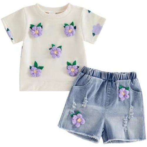 YINGISFITM Toddler Baby Girl Clothes Summer Floral Print Short Sleeve Tee Shirt Jeans Shorts Cute Outfit Girls Clothing Set