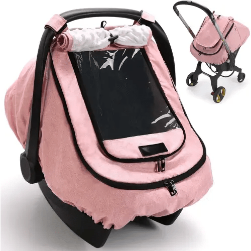 Waterproof Car Seat Cover for Baby, 2-Layer Car Seat Rain Cover with Clear Window & Sunshade & Mesh Cover, Universal Infant Carseat Canopy for Stroller, Protect from Rain and Snow - Pink