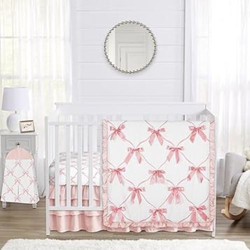 Sweet Jojo Designs 4-Piece Baby Crib Bedding Set (Pink Bows) for Girls, Infants/Nursery incl. Blanket, Fitted Sheet, Skirt, Diaper Stacker (Ruffles, Bow, Ballet Dancer, Ballerina Princess Collection)
