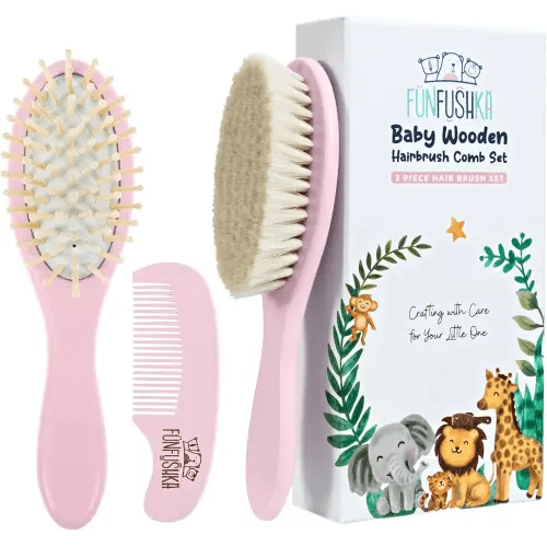 FUNFUSHKA Baby Hair Brush Set for Newborns - Baby Brush and Comb Set - Ultra Soft Goat Hair Bristles, Perfect for Cradle Cap, Newborn Showers & Registries Gift, Comb Brush for Girls & Boys (Rosa)