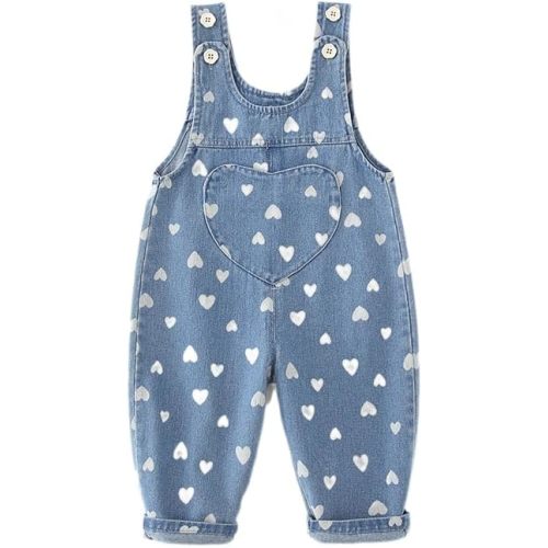 Baluomoya 6Months-3Years Baby Girls Boys Denim Overalls Toddler Heart Print Bib Pants Kids Jeans Jumpsuit