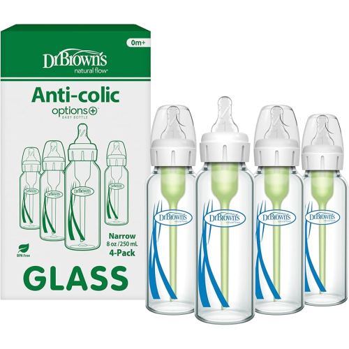 Dr. Brown's Anti-Colic Options+ Narrow Glass Baby Bottle with Level 1 Slow Flow Nipple, BPA-Free, 8 oz/250 mL, 4-Pack