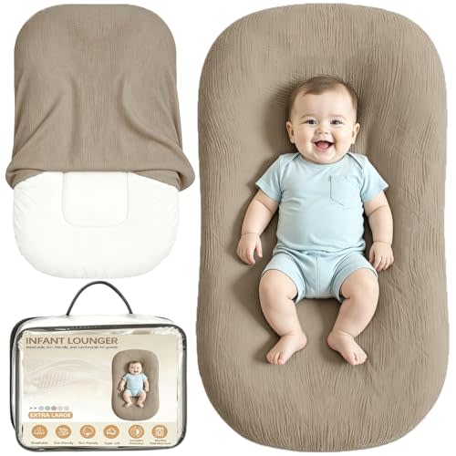 Infant Support Cushion, Extra Large Muslin Baby Lounger for Newborn 0-24M | Portable Breathable Soft Newborn Support Pillow for Home Travel, Includes 1 Lounger+ 1 Replacement Cover, Brown