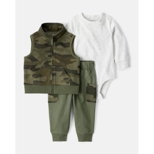 Baby Boy 3-Piece Camo French Terry Vest, Bodysuit & Pant Set - Green | Carter's