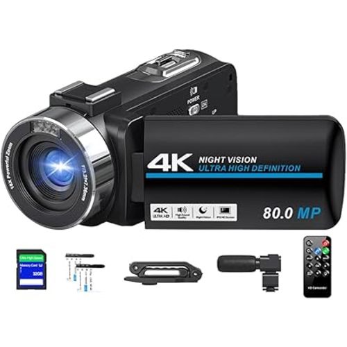 Camcorder Video Camera 4K Ultra HD 80MP Vlogging Camera for YouTube 18X Digital Zoom IR Night Vision 3.0" IPS Screen Video Recorder With Handheld Stabilizer, Microphone, 32G SD Card and Remote Control