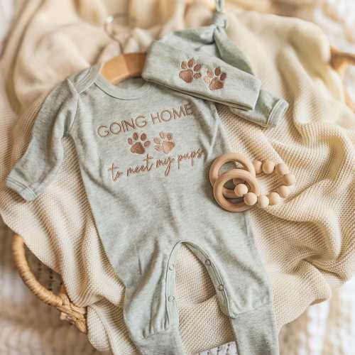 Custom Embroidered 'Going Home to Meet My Pups' Romper: Newborn Baby Outfit with Pet Name