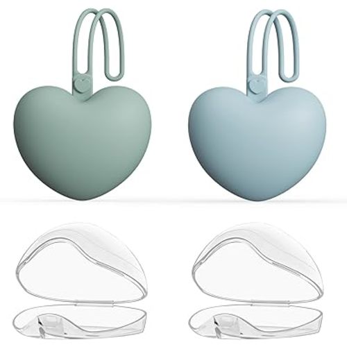 4pcs Pacifier Holder Case Set, 2pcs Silicone Portable Pacifier Pouch and 2pcs Transparent Pacifier Storage Container, Cute Heart Shape Pacifier Storage Case for Newborn Baby（Green+Blue）