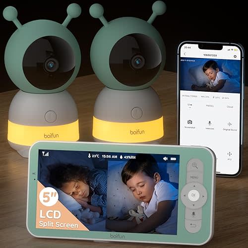 2K Boifun Baby Monitor WiFi, 360° Camera with Night Light & 5 Inch 3MP Display, Phone App Control & LCD Monitor, Auto Tracking, AI Motion & Sound Detection, 3000mAh Battery, 2-Way Audio