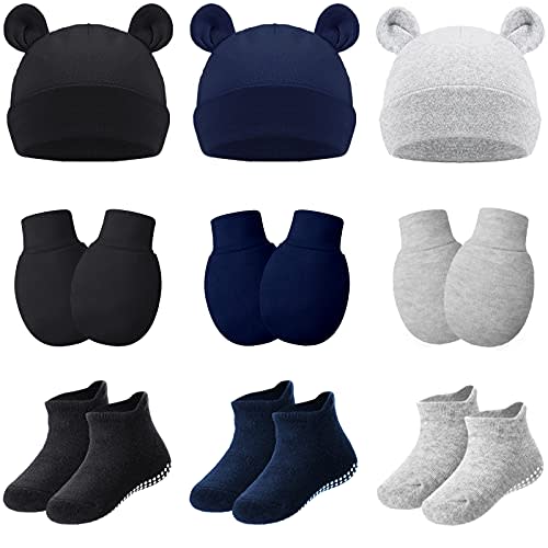 Geyoga 9 Pieces Newborn Baby Hat Mittens Sock Set Bear Ears Hat Mittens No Scratch Gloves for 0-12 Months Boy Girl