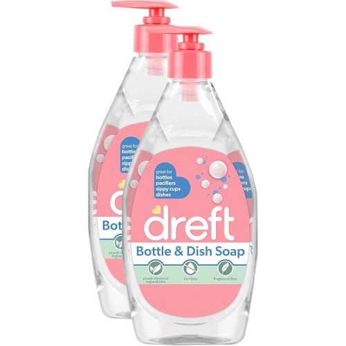 Dreft Bottle and Dish Soap | Made to Clean Baby Bottles,Sippy Cups,Pacifiers,Breast Pumps,& More | Gently Removes Milk Film & Odors-| Plant Based,Fragrance Free Dish Soap-| 18 Fl Oz,(Pack of 6)
