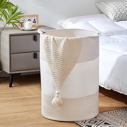 90L Jumbo Laundry Basket,17" x 17" x 24" Extra Large Woven Laundry Hamper for Blanket Storage,Tall Baby Nursery Hamper for Toys in Bedroom,Living Room White