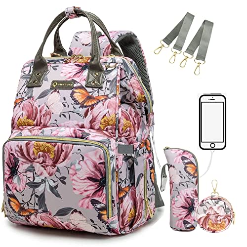 QWREOIA Floral Diaper Bag Backpack with Coin Bag USB Charging Port Stroller Straps and Insulated Pocket,Travel Nappy Backpack For Women/Mom (Grey Pink Flower Pattern)