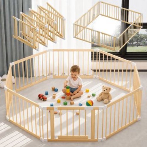 Foldable Wooden Baby Playpen, Adjustable Multi-Shape Baby Play Yard with Child-Proof Lock, Portable Wood Fence - Easy Assembly, 67 x 67 x 23.6 inches