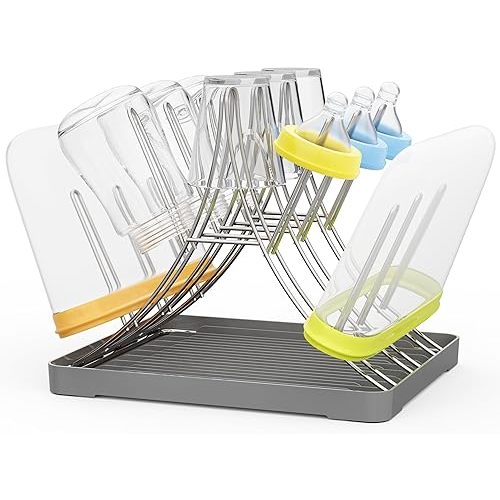 Baby Bottle Drying Rack, Space Saving Bottle Drying Tree Rack with Drainboard for Cups, Mugs and Glass, Sports Bottle, Holds Up to 15 Baby Bottles ，Foldable,Stainless Steel,