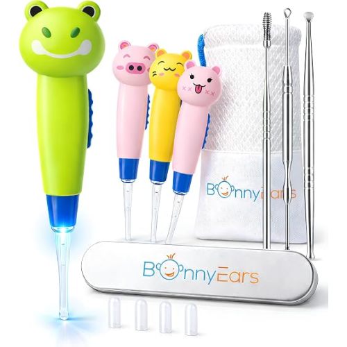 Ear Wax Removal Tool with Led Light for Kids - Toddlers, Infants, Baby and Adult by BonnyEars | Stainless Steel Earwax Remover Kit | Ear Pick Spoon Curette Tweezers Cleaning