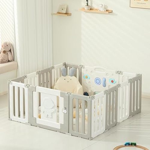 14 Panels Baby Play Pen, Extra Large Baby Playpen, Foldable Astronauts Play Pens for Babies and Toddlers, Adjustable Portable Fence Gate Playpen Yard, Grey